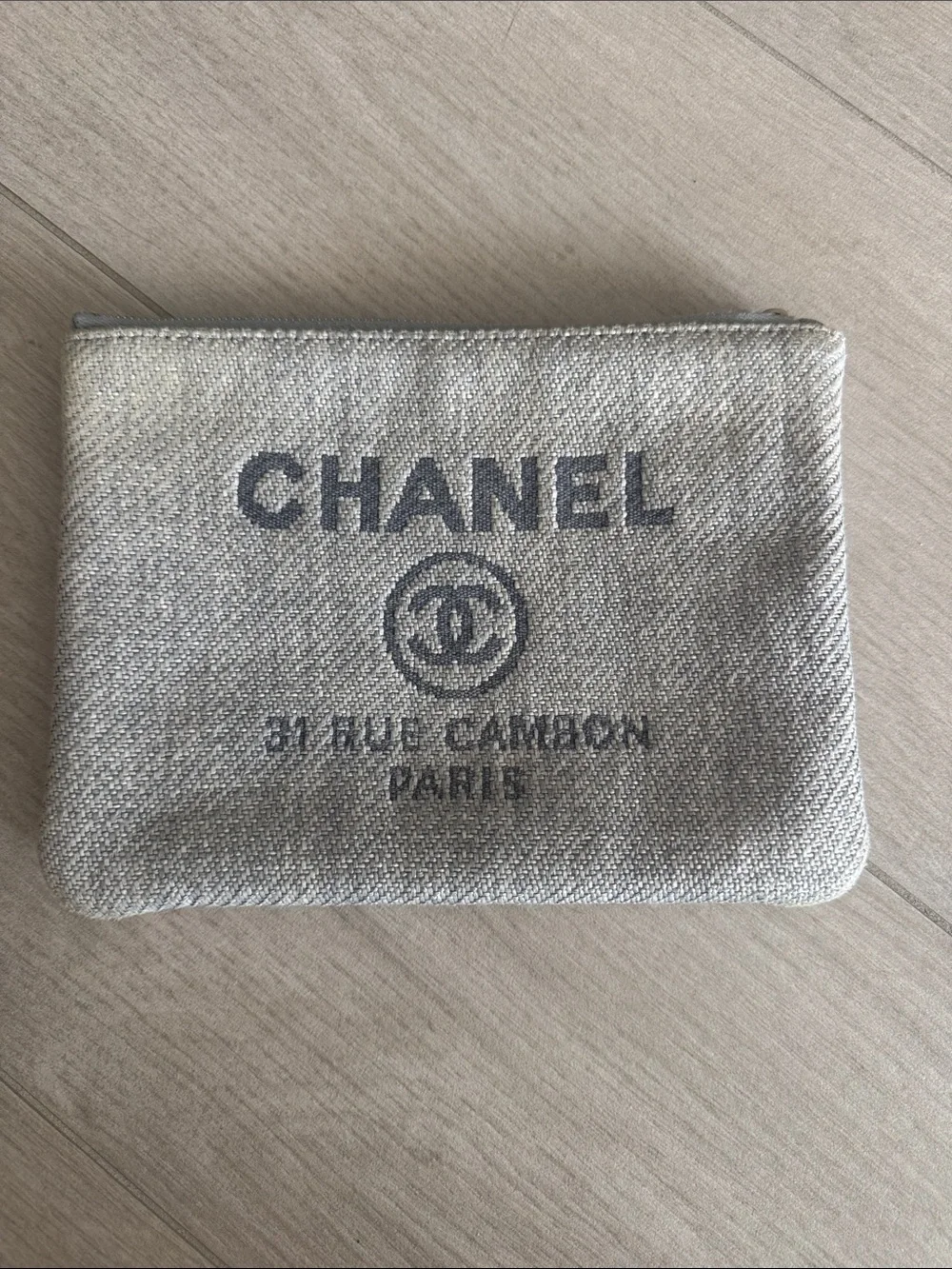 CHANEL Gray Deauville Canvas Zip Pouch with Logo Print